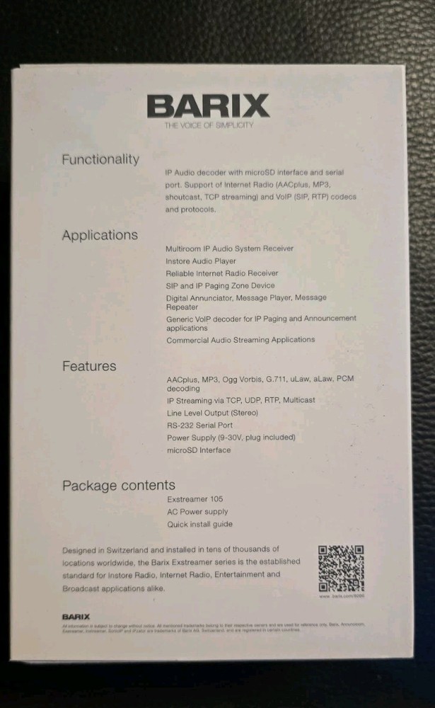 New Barix Exstreamer 105: Multiformat IP Audio Decoder. AAC+capable.PN:2011.9110