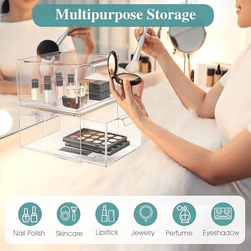 Stackable Makeup Organizer and Storage, Acrylic Organizers，Plastic 2 Pack Clear