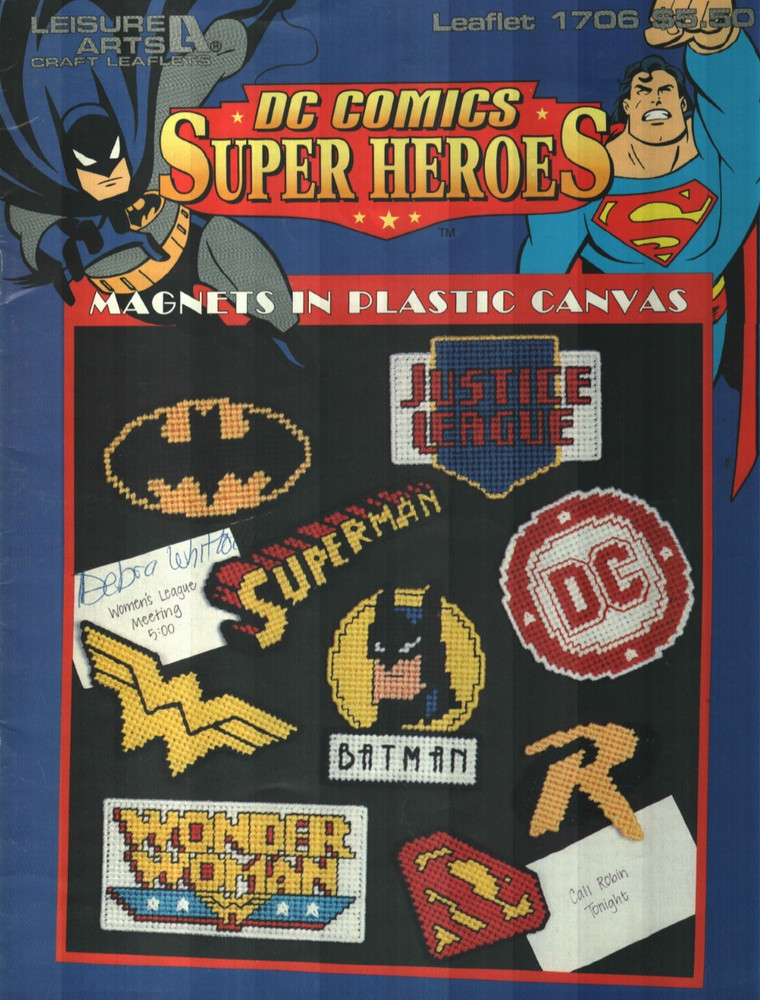DC COMICS SUPER HEROES MAGNETS SUPERMAN BATMAN PLASTIC CANVAS PATTERN BOOK HTF