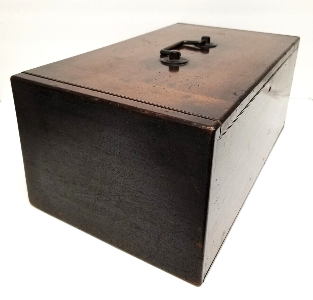 Antique Wood Hinged OPTICIANS Box Original Lining Lock Box Dove Tail Large