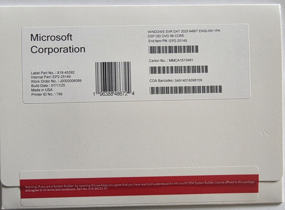Microsoft Windows Server 2025 Datacenter 96 Core DVD+ Key (NEW)