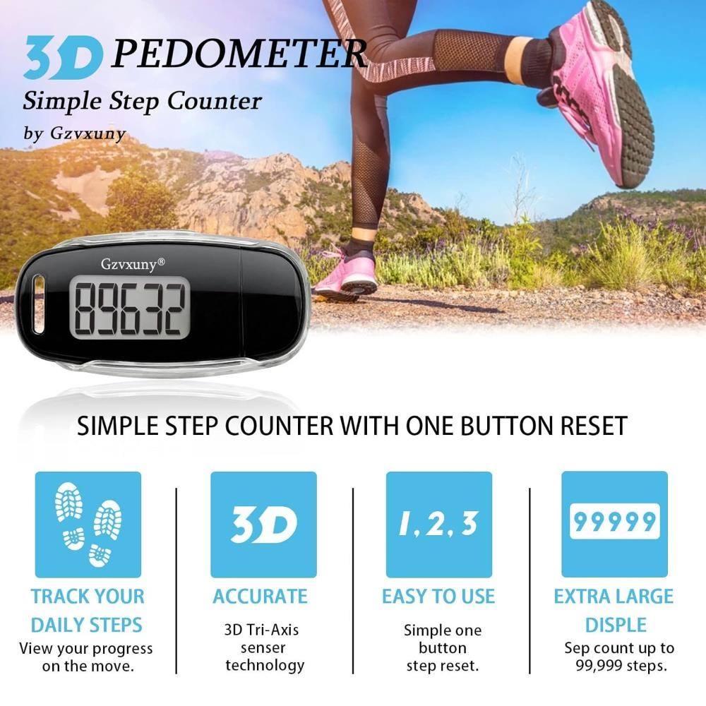 Gzvxuny 3D Pedometer with Clip and Strap, Simple Walking Step Counter