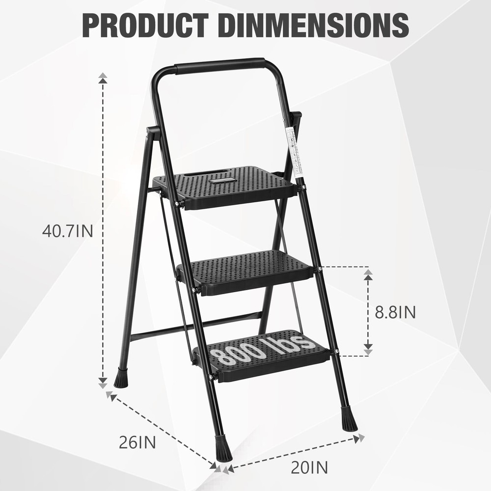 3 Step Ladder, Step Stool for Adults,3 Step Ladder Folding Step Stool with Wide