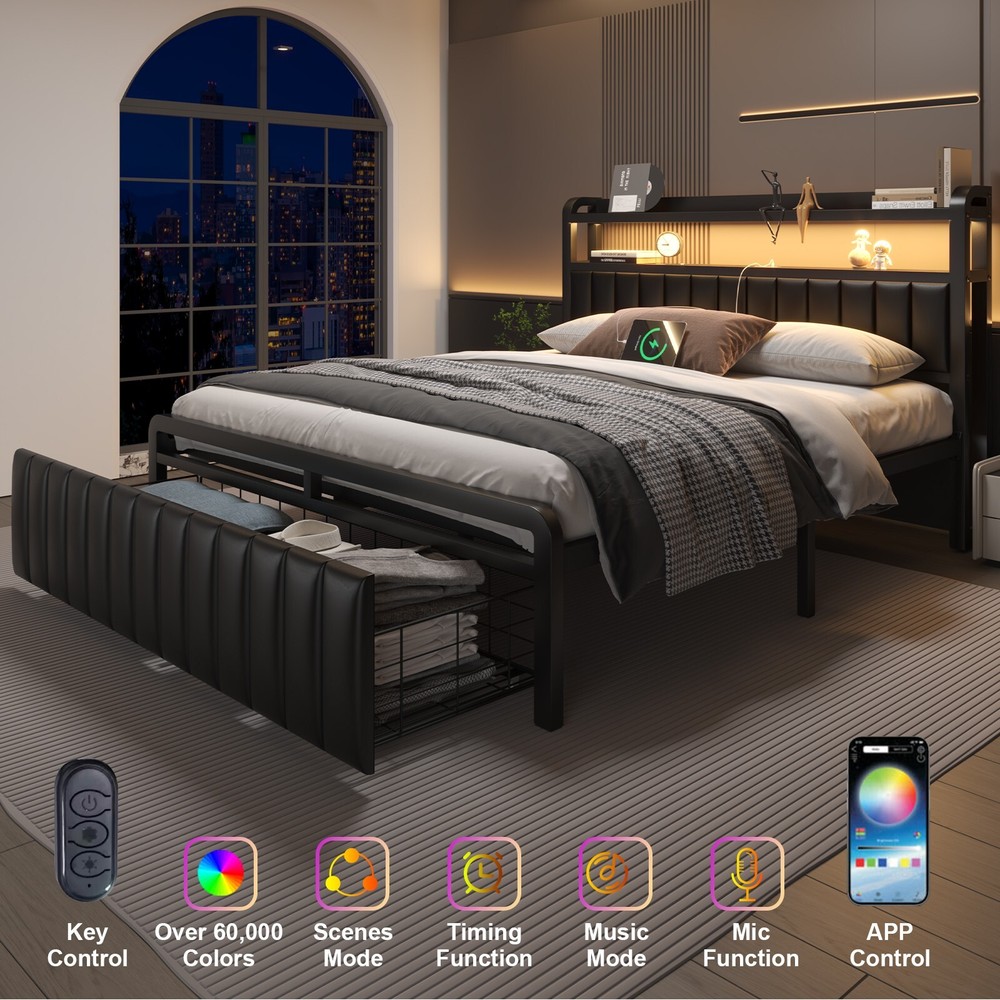 Full/Queen Size Bed Frame with 2-Tier Storage Headboard and Storage Drawers