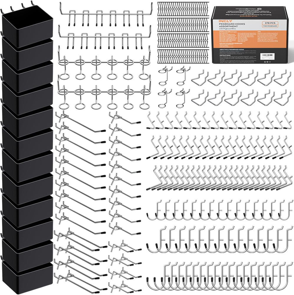 278PCS Pegboard Accessories Organizer Kit, Peg Board Hooks Assortment with Bins