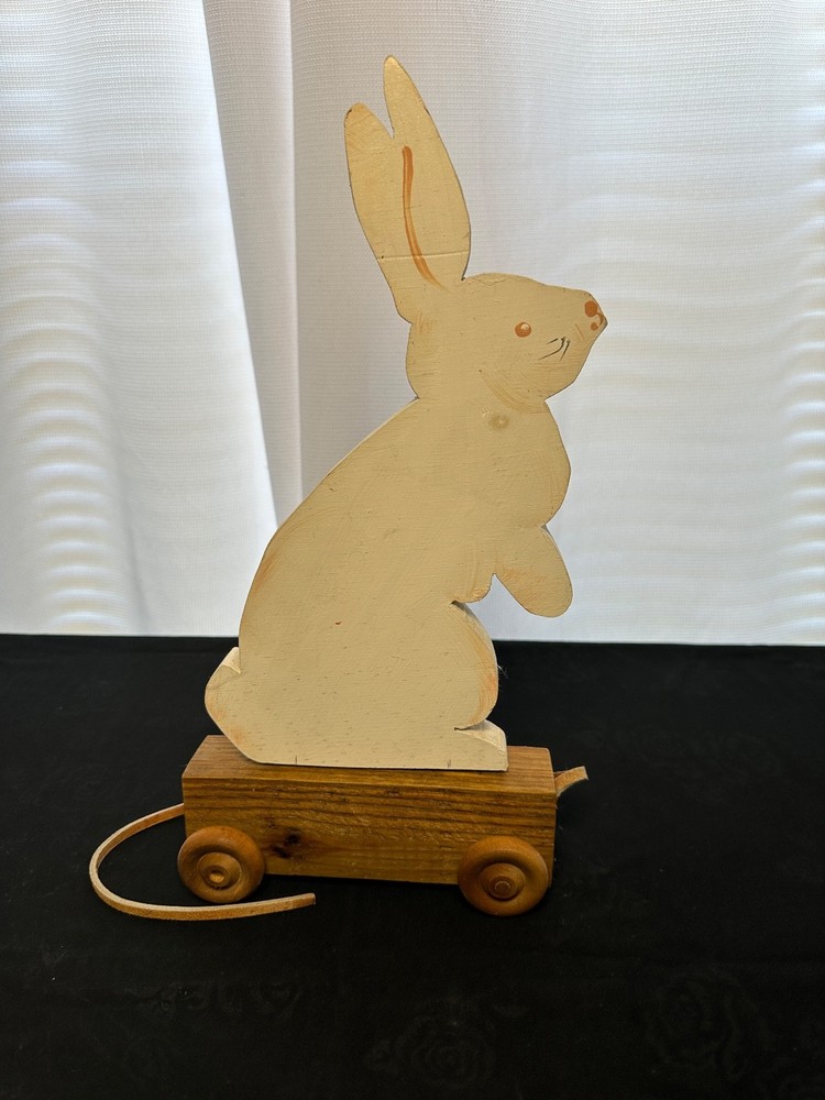 VINTAGE Art Barn Easter Spring Wooden White Bunny Rabbit Pull Toy by "Evans"