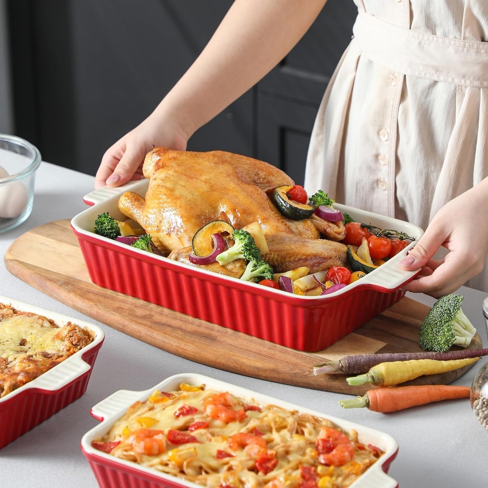 Rectangular Baking Pans Set for Casseroles, 4 Sizes, Red