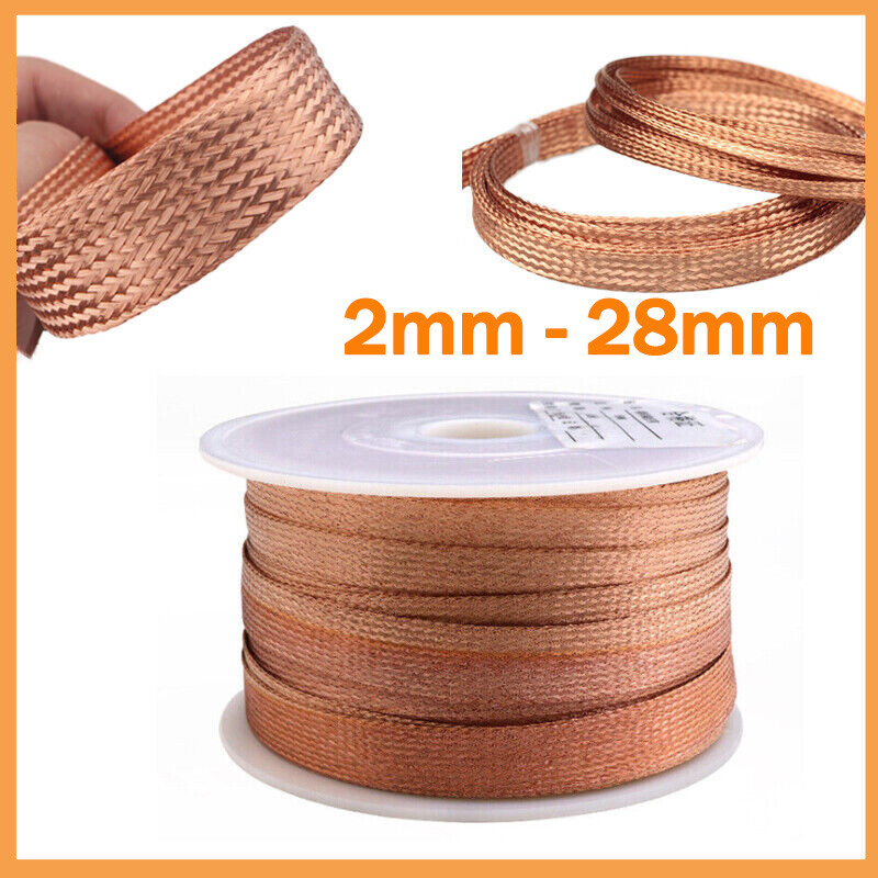 Flat Pure Copper Braid Cable Bare Copper Braid Wire Ground Lead 2mm - 28mm