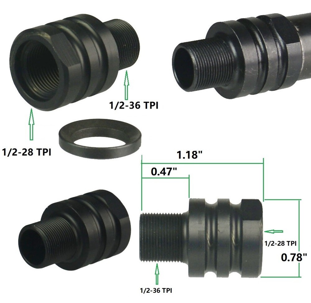 Steel Adapter to Convert 1/2x28 TPI Muzzle Thread to 1/2x36 TPI Muzzle Thread