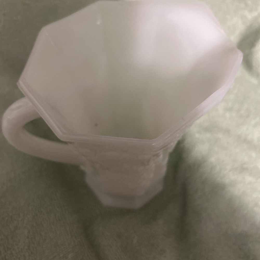 Vintage Octagon Shaped Milkglass Grape Pattern Footed Pitcher 6.5"