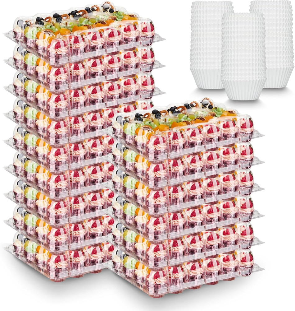 (24 Pack X 15 Sets) Mini Cupcake Containers with 375 Pack Cupcakes Liners, Pl...