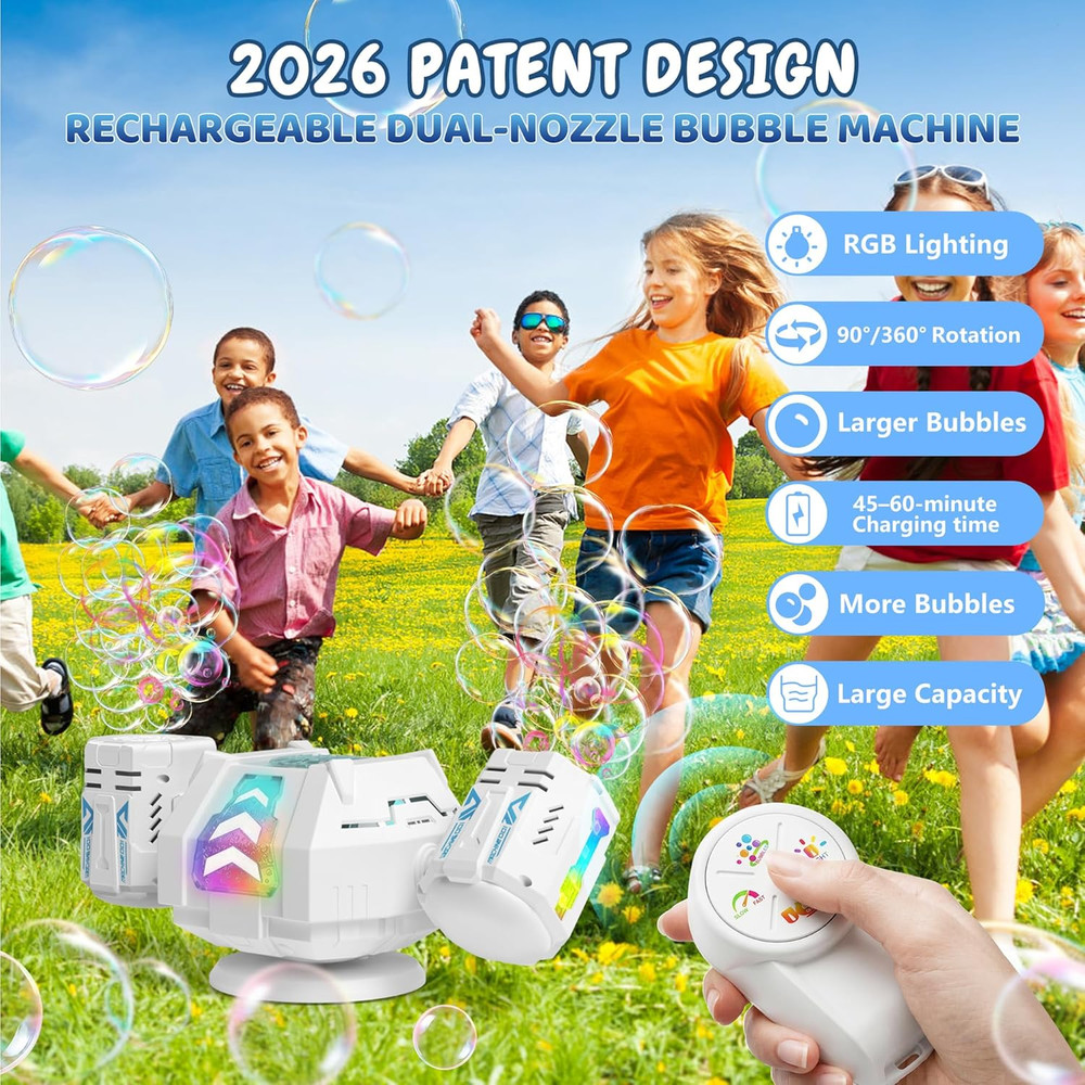 Bubble Machine, Rechargeable Dual-Nozzle Bubble Machine with Remote Control, ...