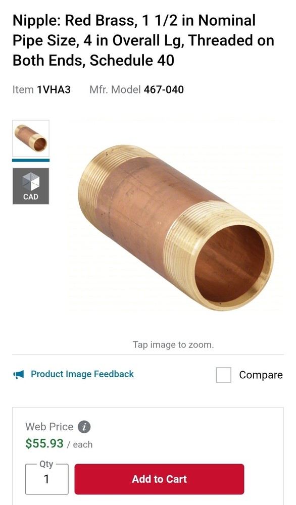 red brass pipe 1 1/2 X 4"