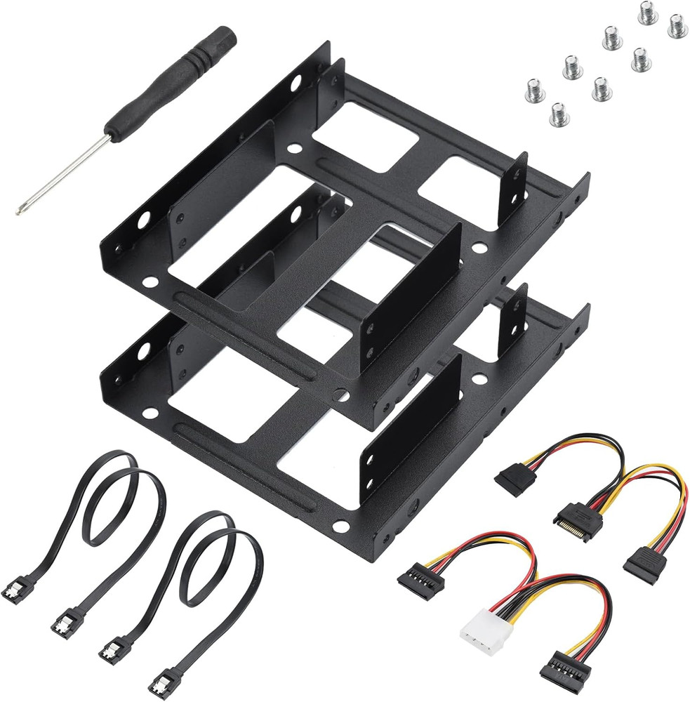 2Pcs Double-Deck SSD Mounting Bracket 2.5" to 3.5" HDD Holder SATA & Power Cable