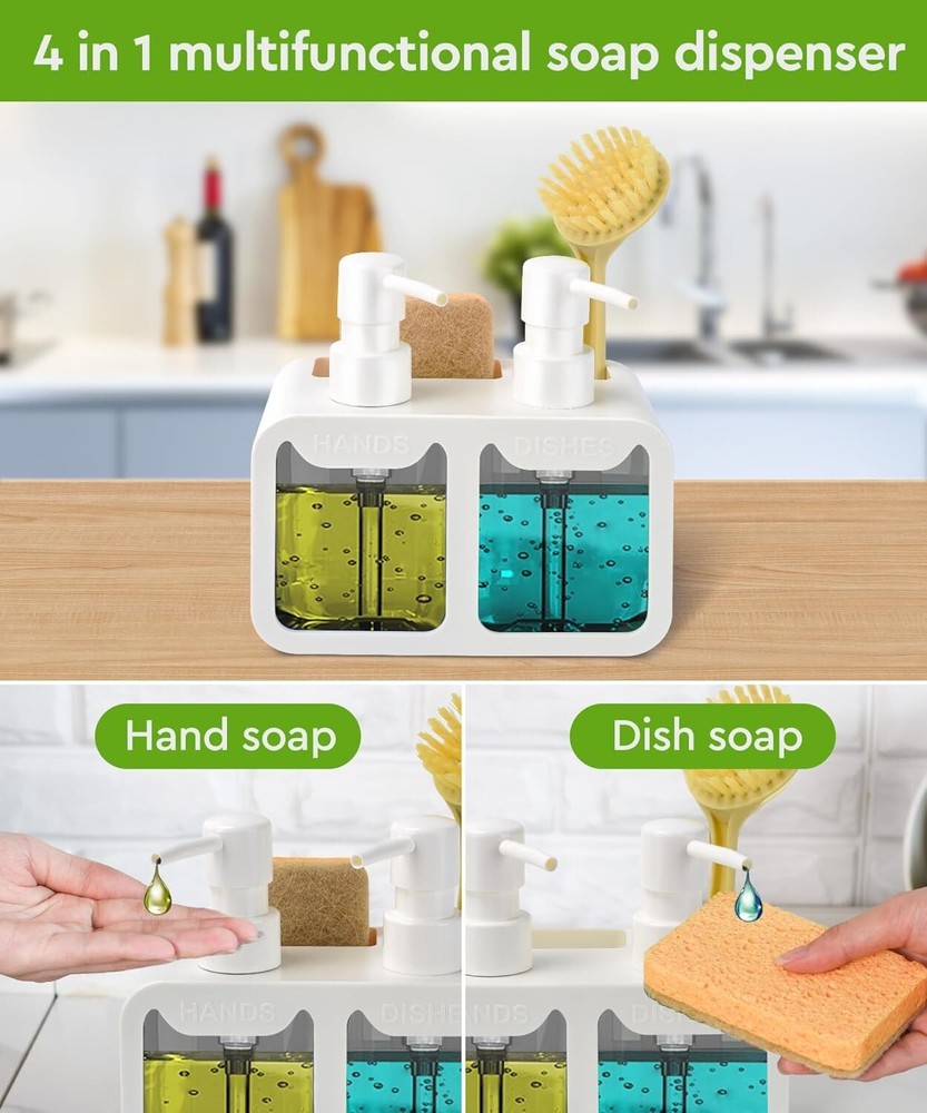 Kitchen Hand Soap and Dish Dispenser Set, Dual with White