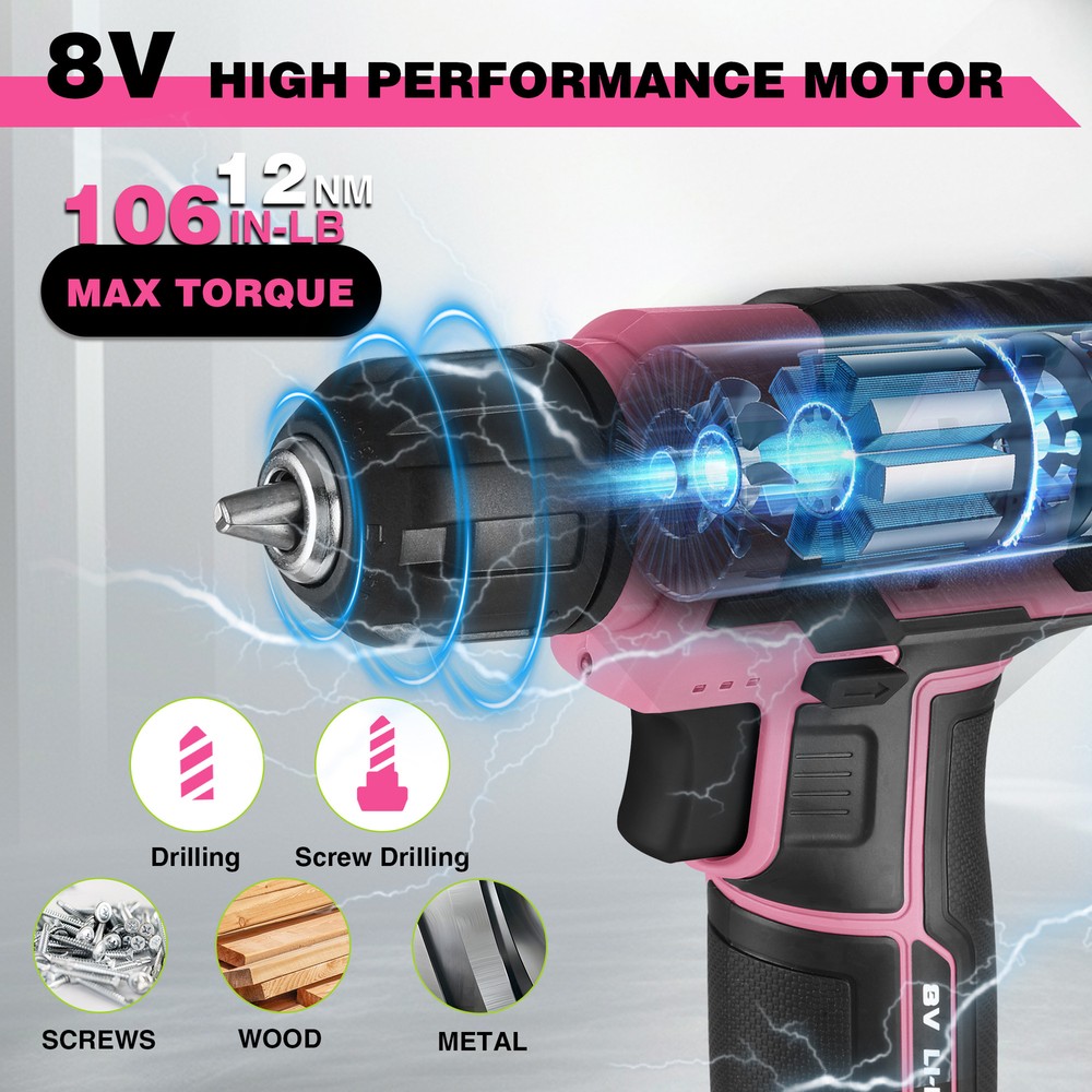 WORKPRO Pink 8V Power Drill Set with 53pcs Bit Set with 3/8" Keyless Chuck