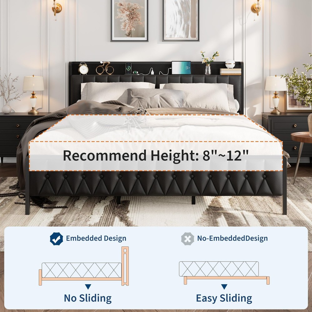 Platform Bed Frame King Upholstered with 12" Underbed Storage Charging Station
