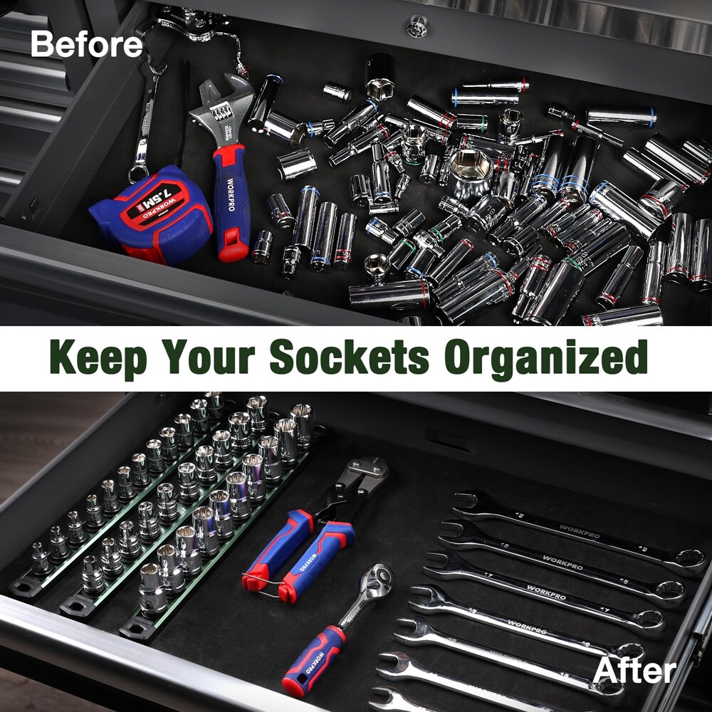 WORKPRO Magnetic Socket Organizer 3/8 Dr Aluminum Alloy Heavy Duty Socket Holder