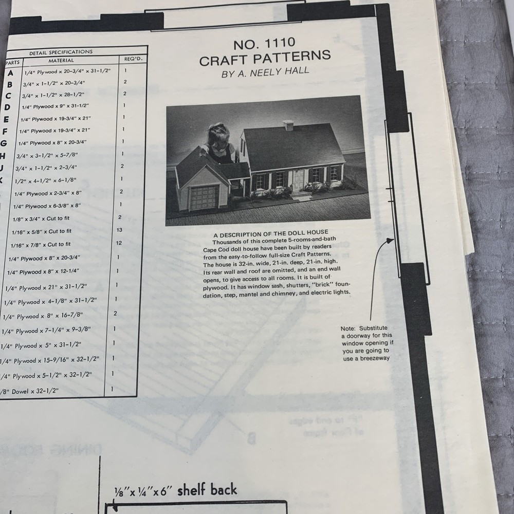 Vtg Cap Cod Doll House Pattern By Craft Patterns By A. Neely Hall 1977