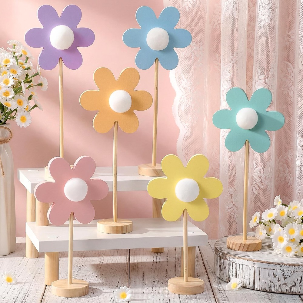 6 Pack Pastel Spring Table Decorations Daisy Centerpieces for Tables Easter Wood
