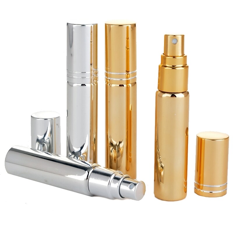 10ml Aluminium Empty Glass Bottle Atomiser 4 Pack Brass and Silver