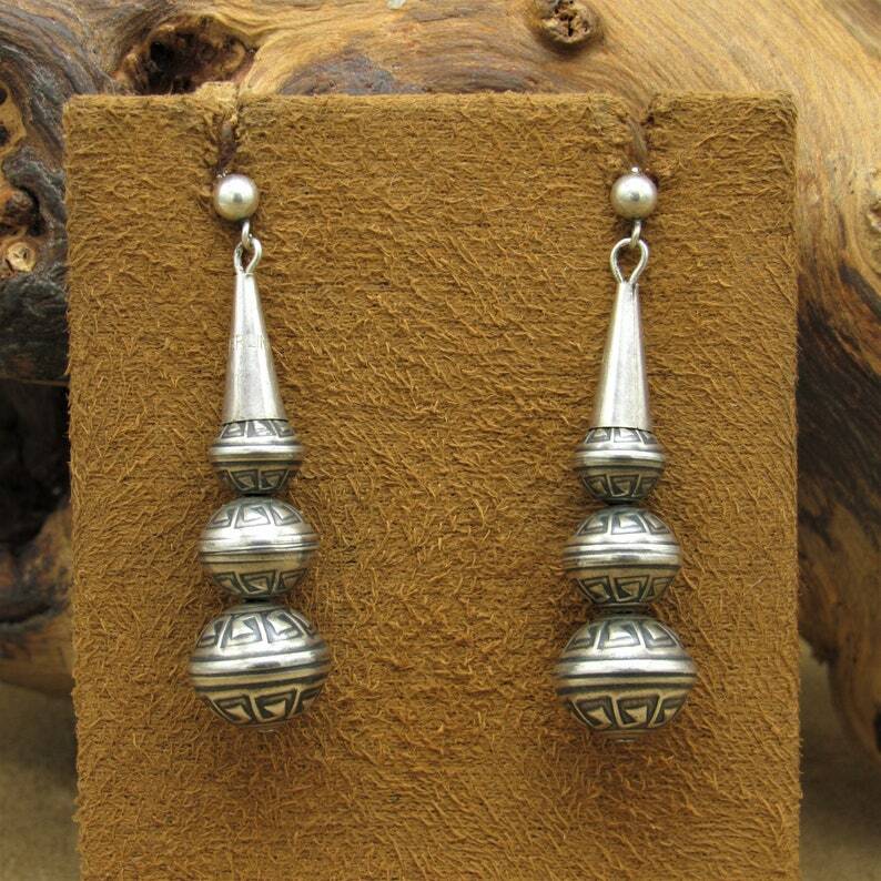 Sterling Silver Graduated Stamped Bead Dangle Post Earrings
