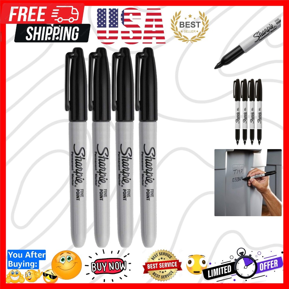 Permanent Markers, Fine Point, Black Ink 4-Pack