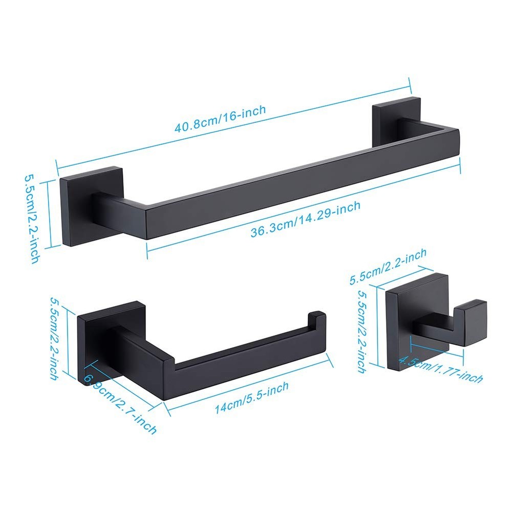 3-Piece Bathroom Hardware Set Matte Black Wall Mounted Bathroom Accessory Set...