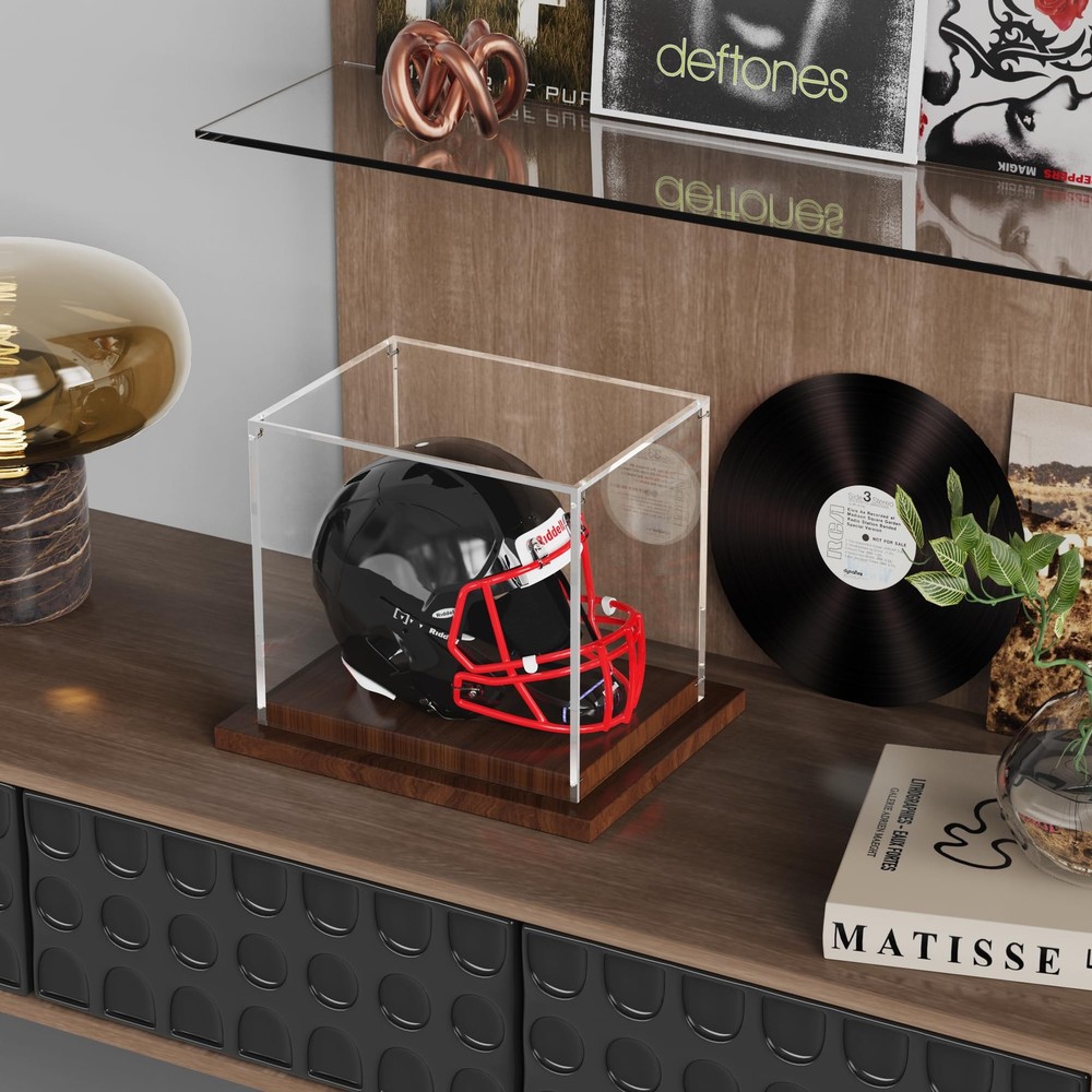 VGMiu Mini Helmet Display Case with Wood Base, Clear Case,