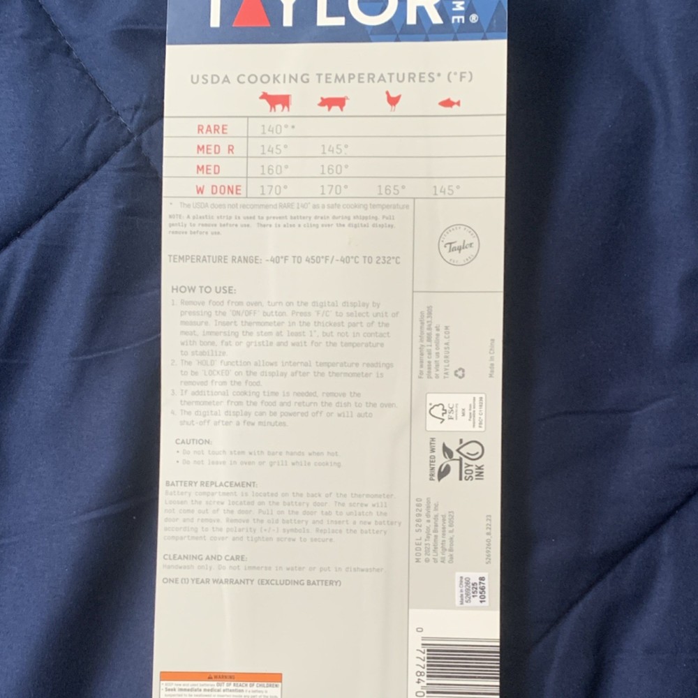 Taylor Digital Instant Read Meat Thermometer Silver Hold Function Model 5269260