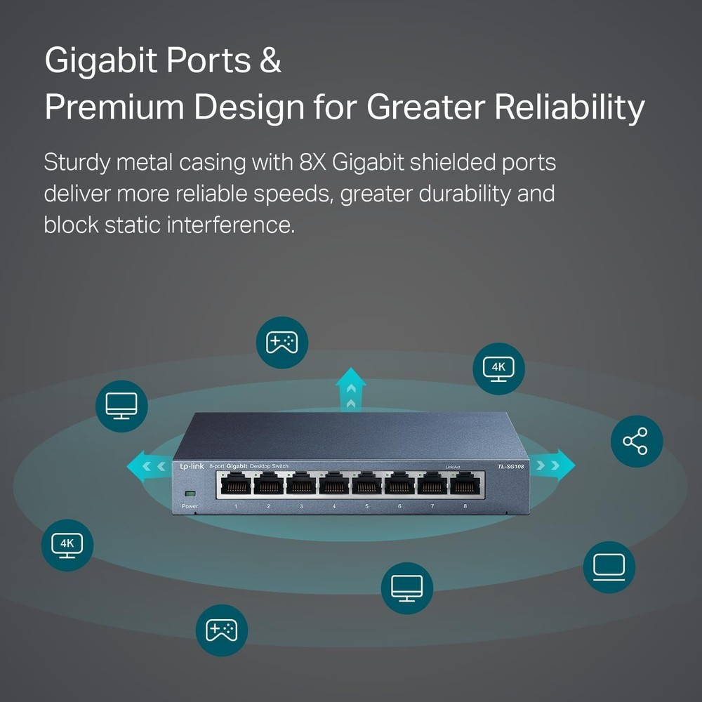 Durable 8 Port Gigabit Network Switch with Traffic Optimization & Fanless Design