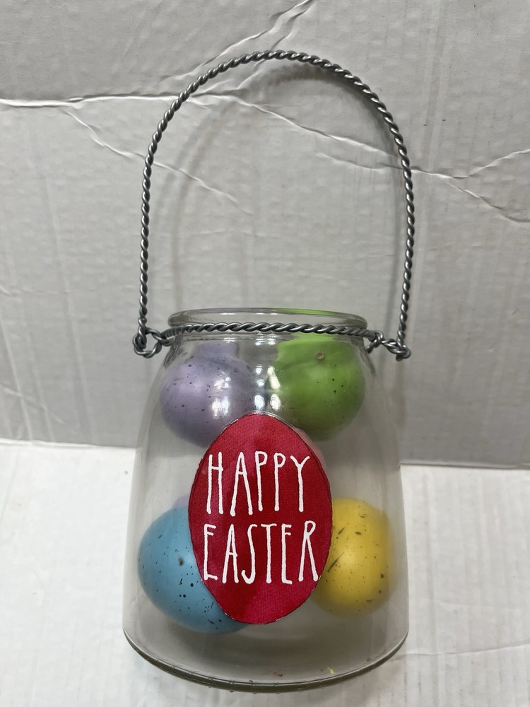 Rae Dunn colorful Easter Eggs in Happy Easter Clear Glass Jar w/Handle EUC