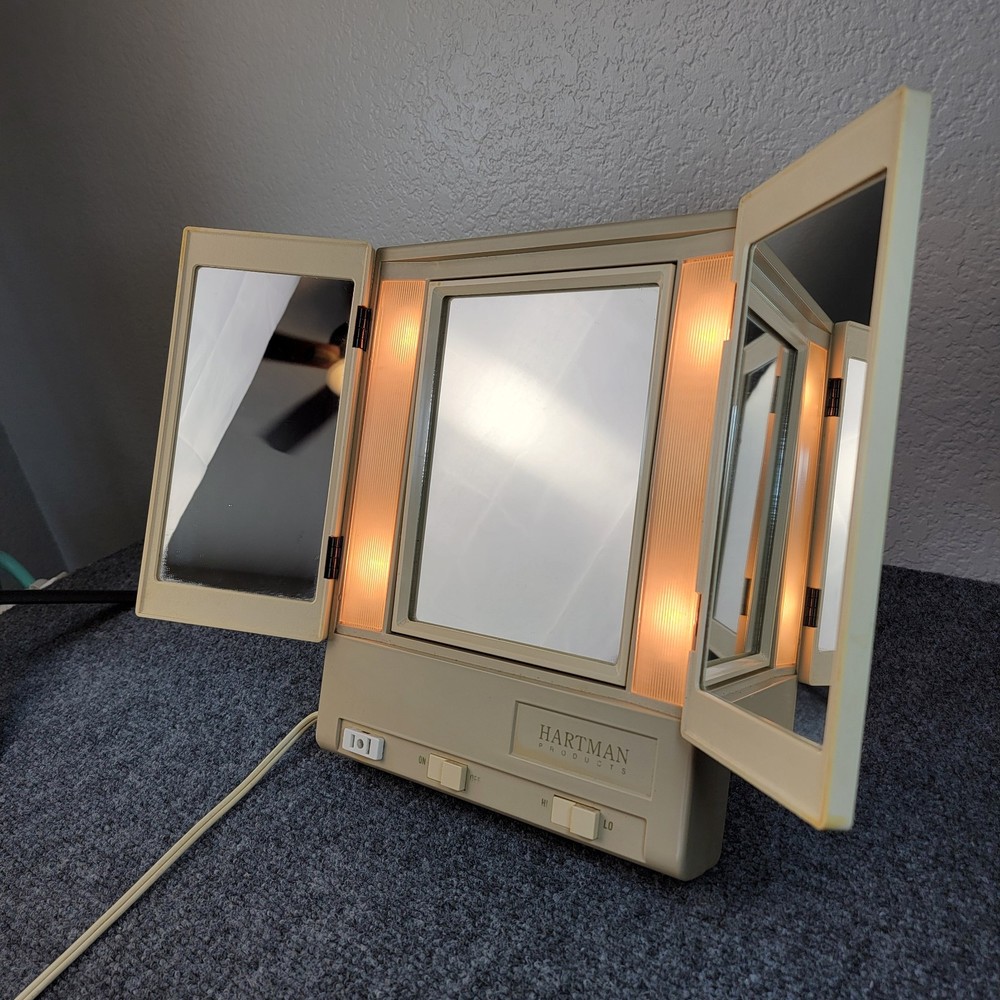 Vtg Lighted Tri Fold Vanity Mirror Tabletop Dual Light Makeup Hartman Products