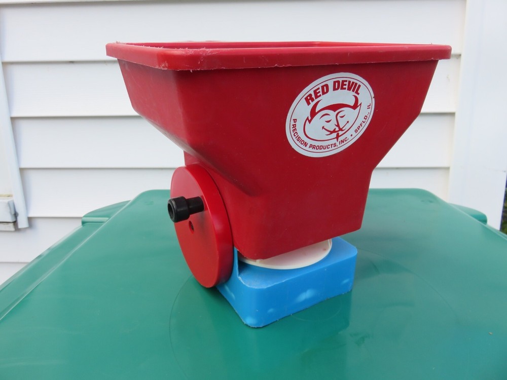 Vintage Red Devil Handheld Crank Adjustable Spreader -  Seed Fertilizer or Salt