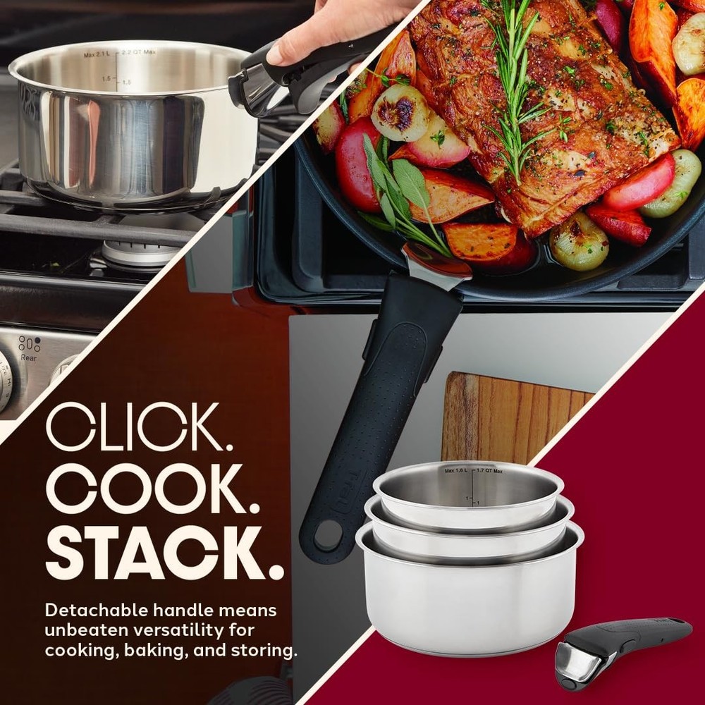 4 Piece Silver Stackable Cookware Set with Removable Handle Induction Safe
