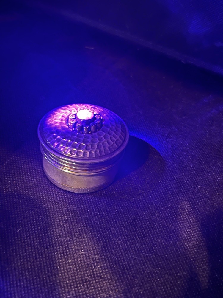 Sterling Silver Small Round Pill, Kumkum,Or Dabi Box. Hammered Lid W/ Raw Ruby