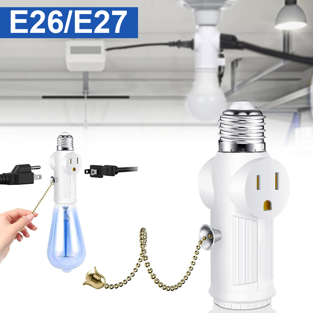 2 Pack E26 Light Bulb Socket Adapter With 2 AC Outlet Plug And Pull Chain Switch
