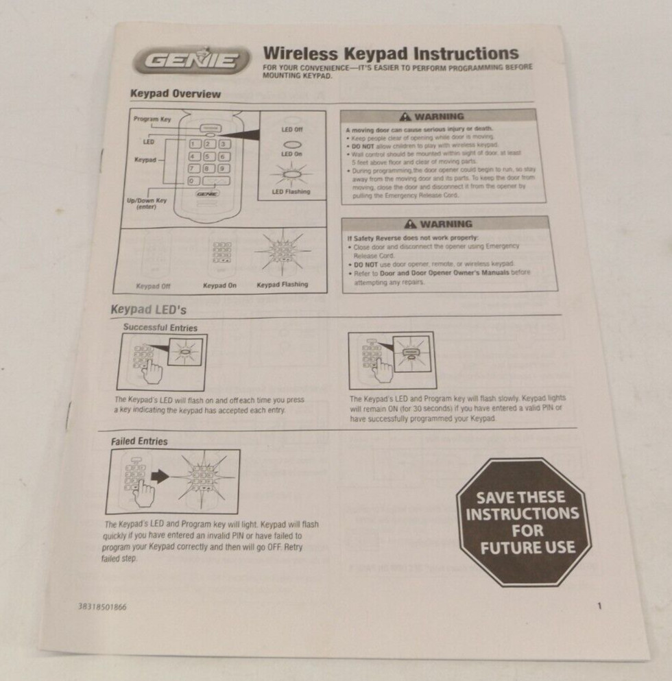 GENIE WIRELESS KEYLESS ENTRY Instruction Only