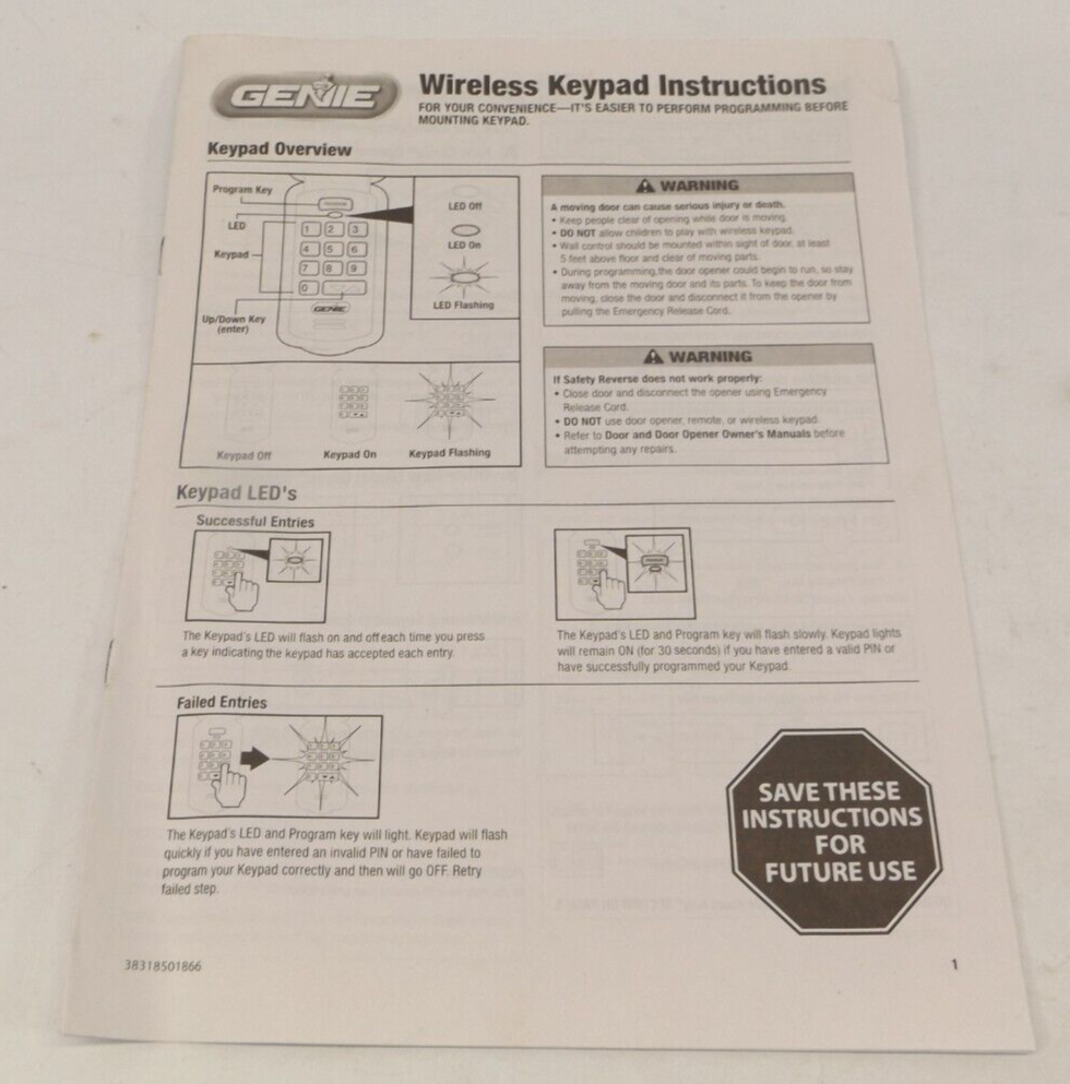 GENIE WIRELESS KEYLESS ENTRY Instruction Only