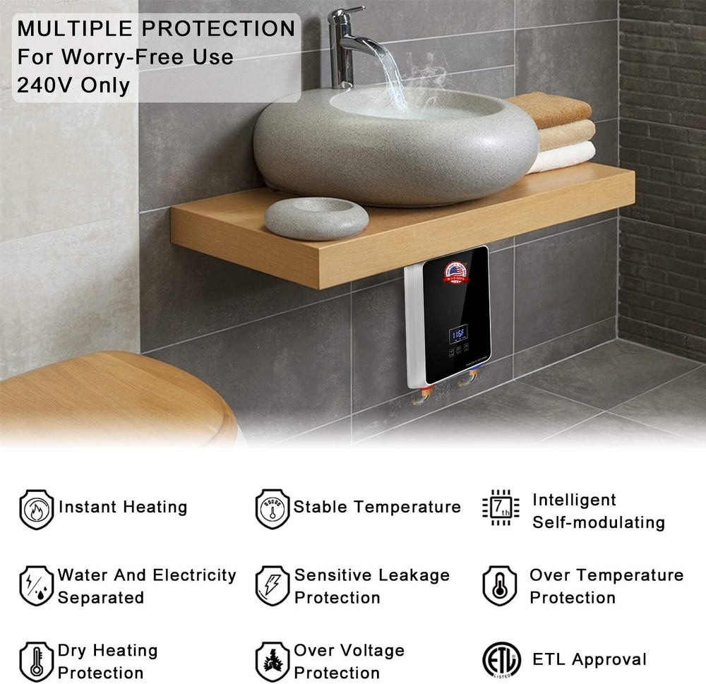 Calentador De Agua Sin Tanque LCD Electrico 5500W 240V US Para Cocina Ducha Casa