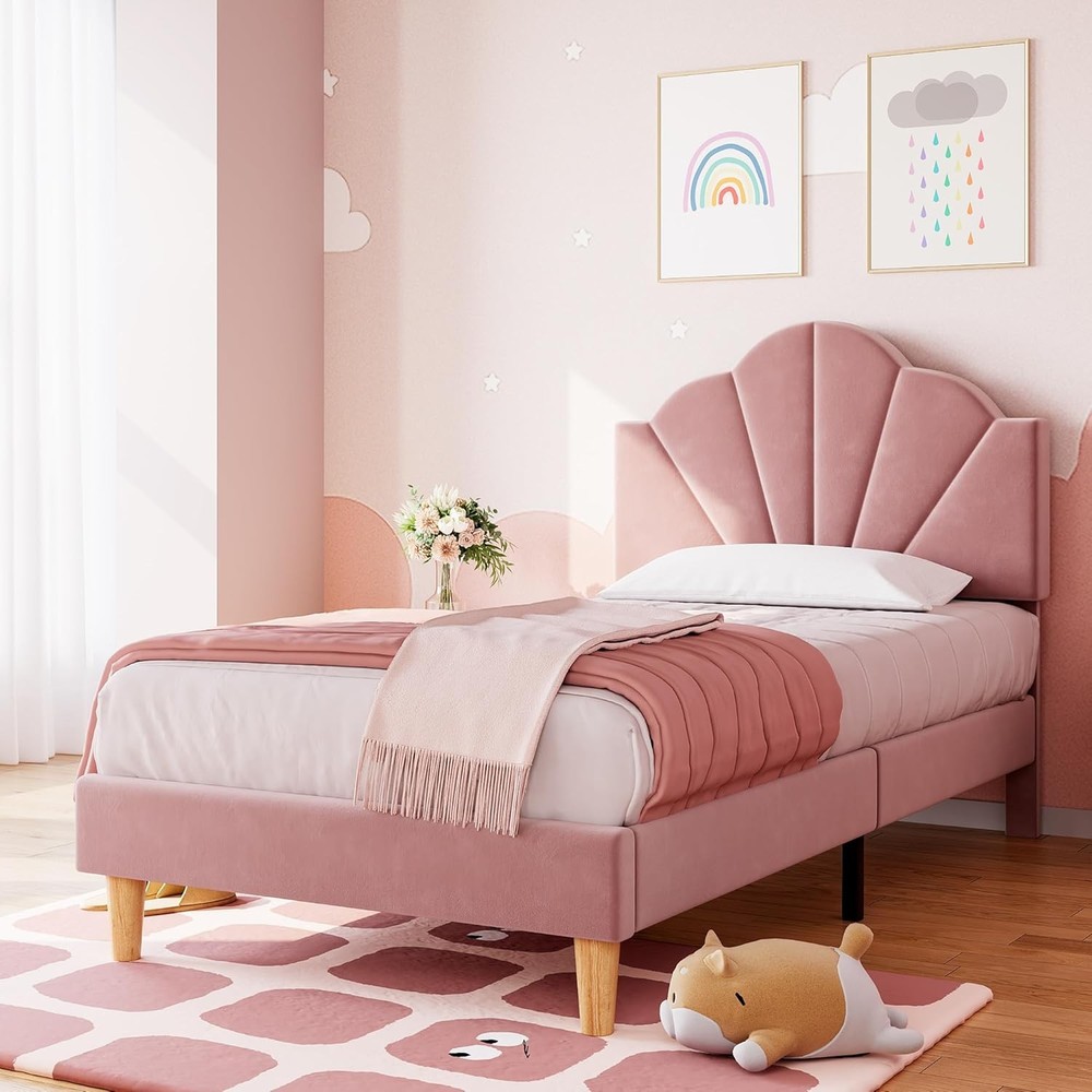 Pink Twin Bed Frame Velvet Upholstered Platform Bed Frame Adjustable Headboard