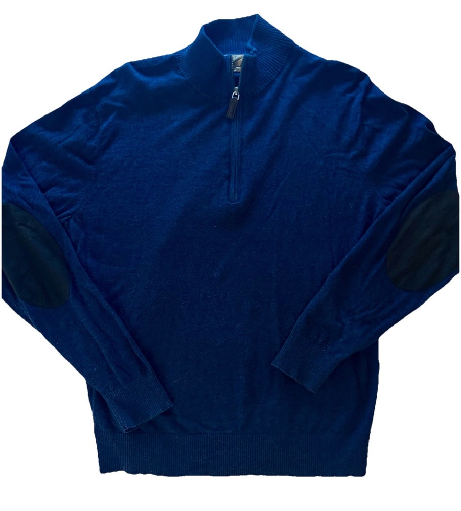 FRE VERO Size Large Quarter Zip Navy Blue Pullover Wool Blend Elbow Patch