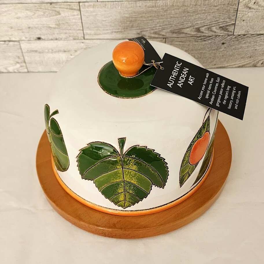Napa Montecristi Ceramic Cheese Dish container with Wood Base Signed Leaf Design