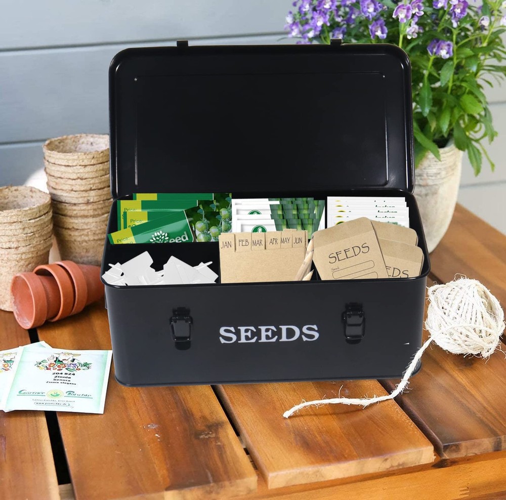 Seed Saving Box, Metal Seed Bin, Seed Storage Organizer, Seed Packet Containe...
