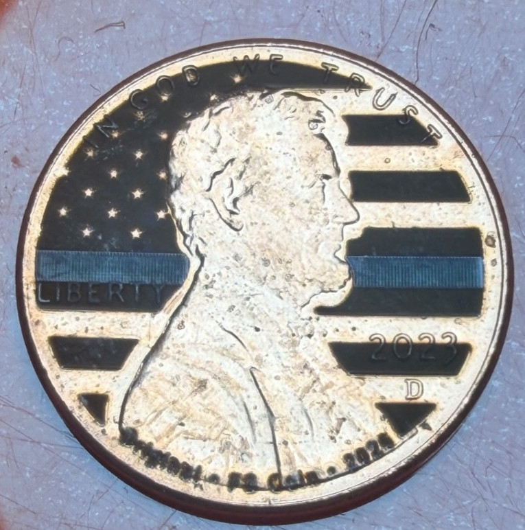 Laser Etched Penny Cent Coin Thin Blue Line