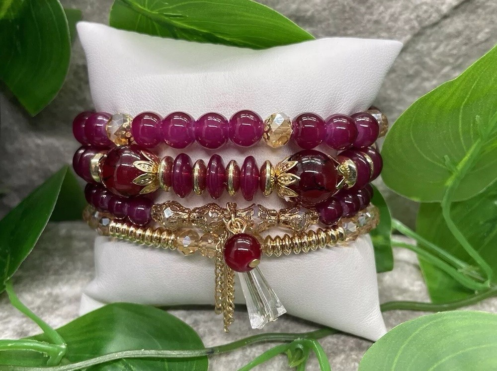 4 PC Handmade Boho Beaded Stackable 7” Plus Stretch Bracelet Set B2536