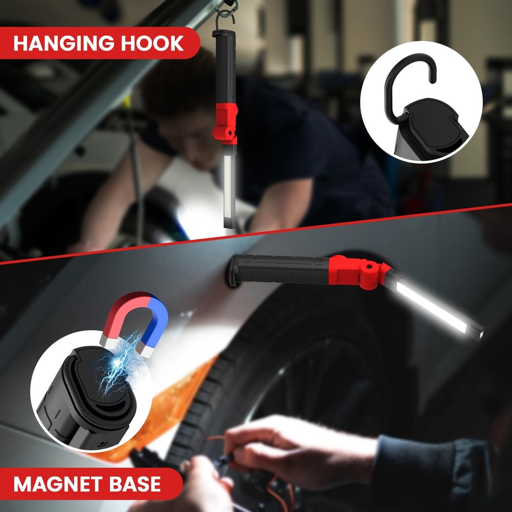 Rechargeable LED Work Light Magnetic Foldable Flashlight with Hook 3 Modes