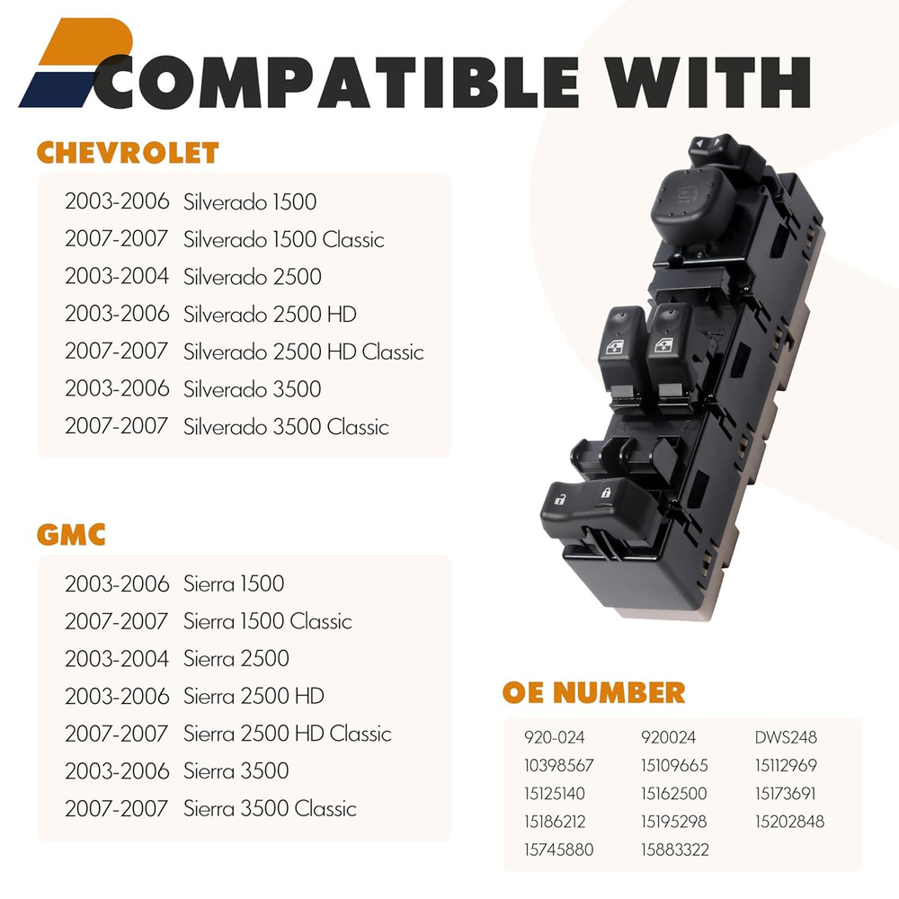 15883322 Driver Side Power Window Switch with Folding Mirror Switch Fit for 2003