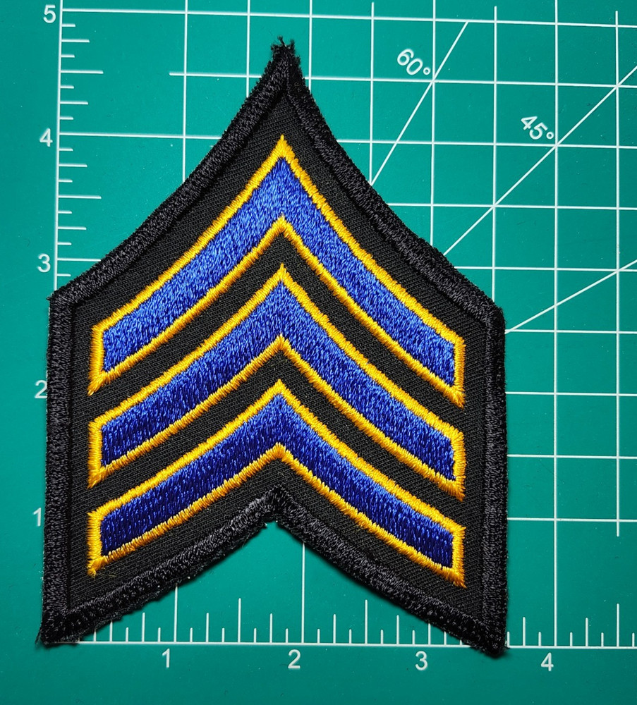 (2) Sergeant Chevron - 3 Gold/Royal Stripes on Black Patch - 3.5" wide