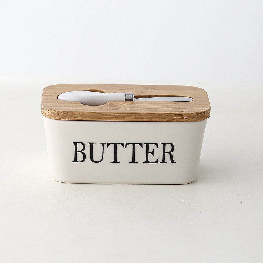 Butter Box with Knife Rectangular Cheese Container with Wooden Lid for Kitchen